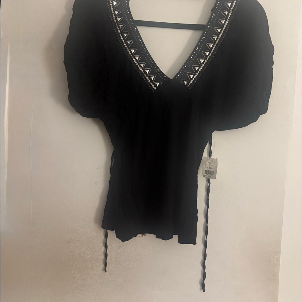 Black Embroidered V-Neck Women's Top